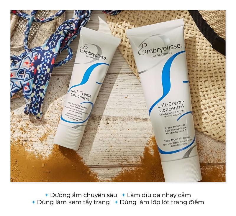 Kem dưỡng ẩm Embryolisse Lait-Crème Concentré với công dụng dưỡng ẩm chuyên sâu, làm dịu da nhạy cảm, và có thể sử dụng như kem lót trang điểm. Sản phẩm cần thiết cho việc dưỡng da mùa lạnh, đảm bảo làn da luôn mềm mượt, khỏe khoắn.