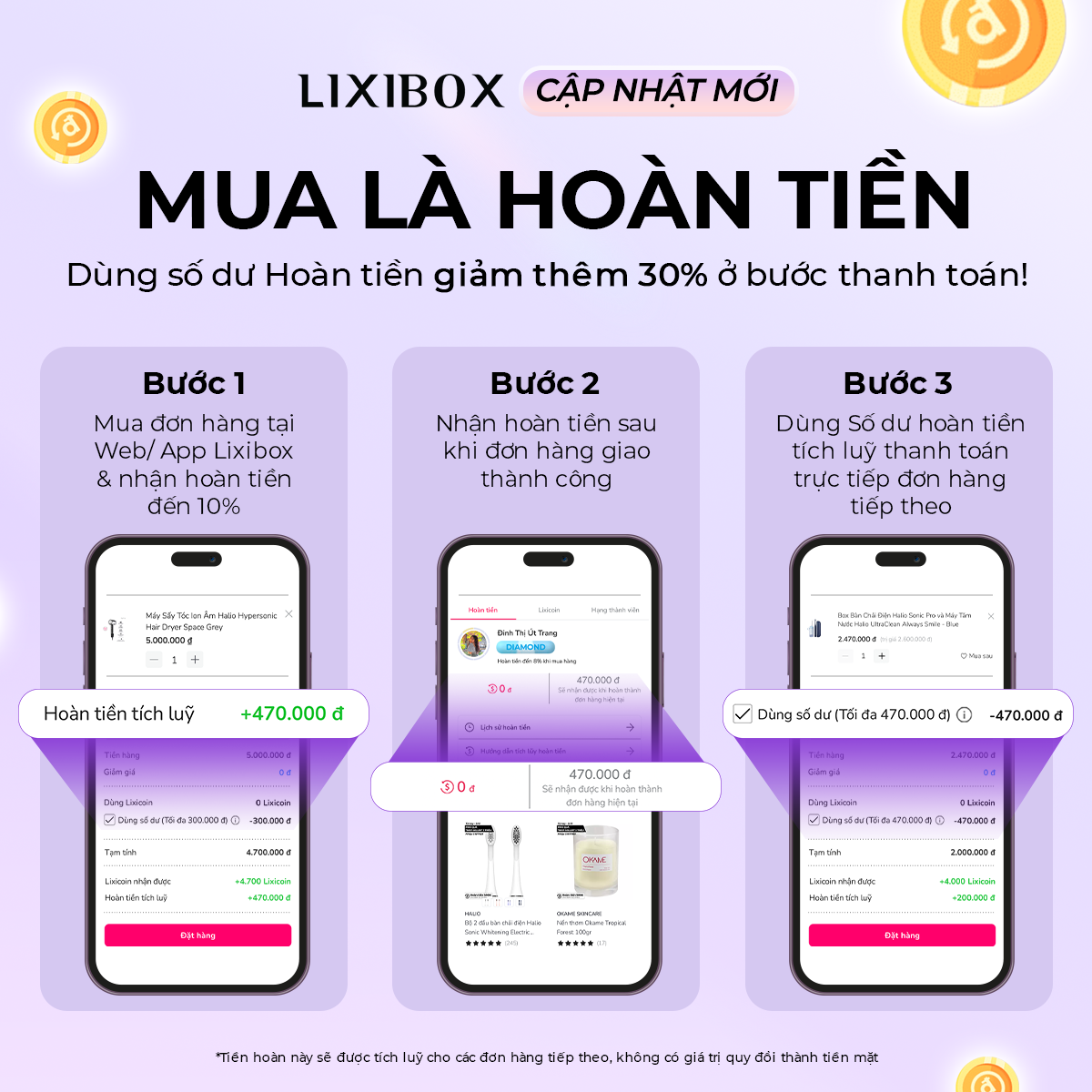 Chương trình Hoàn tiền của Lixibox cho phép người mua nhận lại đến 500.000Đ khi mua sắm. Hoàn tiền lên đến 10% và giảm thêm 30% khi thanh toán bằng số dư Hoàn tiền. Tham gia để tiết kiệm chi tiêu với Lixibox!