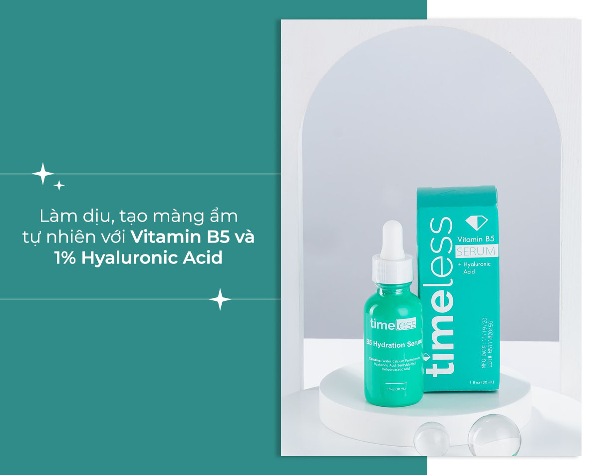 Sản phẩm serum dưỡng da chứa Vitamin B5 và 1% Hyaluronic Acid giúp làm dịu và tạo màng ẩm tự nhiên cho làn da, nổi bật trong danh sách Top 10 sản phẩm dưỡng da phục hồi da được khen ngợi từ Lixibox Skincare.