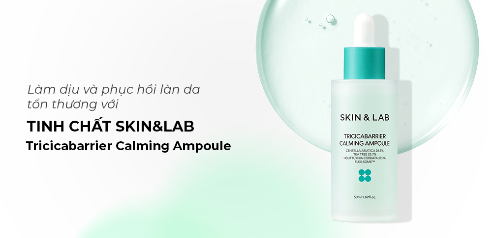Tinh chất Skin&Lab Tricicabarrier Calming Ampoule giúp làm dịu và phục hồi làn da tổn thương, phù hợp cho skincare routine mùa Halloween 2023. Khám phá sản phẩm để tránh nổi mụn khi trang điểm đậm cùng Lixibox!