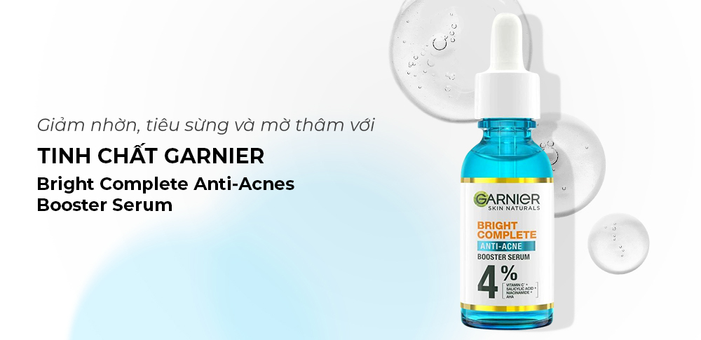 Tinh chất Garnier Bright Complete Anti-Acne Booster Serum giúp giảm nhờn, tiêu sừng và mở thông lỗ chân lông. Sản phẩm phù hợp cho skincare routine tránh nổi mụn khi trang điểm Halloween 2023, hỗ trợ làn da khỏe mạnh.