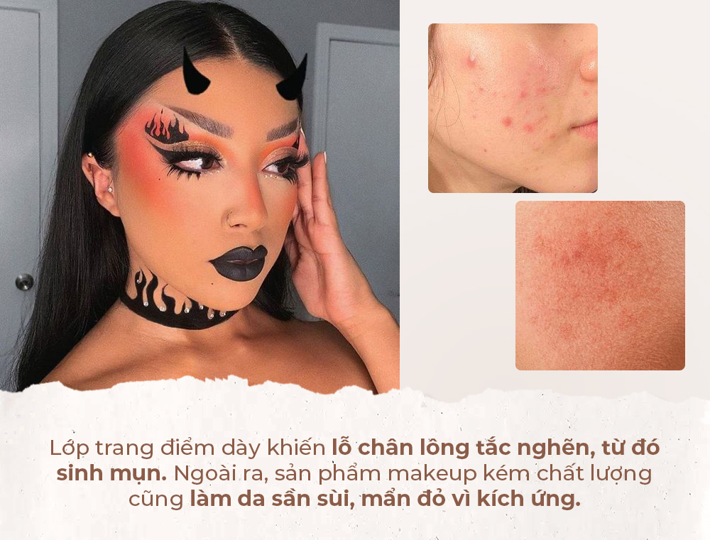 Bài viết đề cập đến sản phẩm skincare và những lưu ý cho việc trang điểm Halloween 2023, cảnh báo về nguy cơ nổi mụn và cách chăm sóc da sau khi trang điểm; dành cho các tín đồ làm đẹp yêu thích trang điểm đậm.
