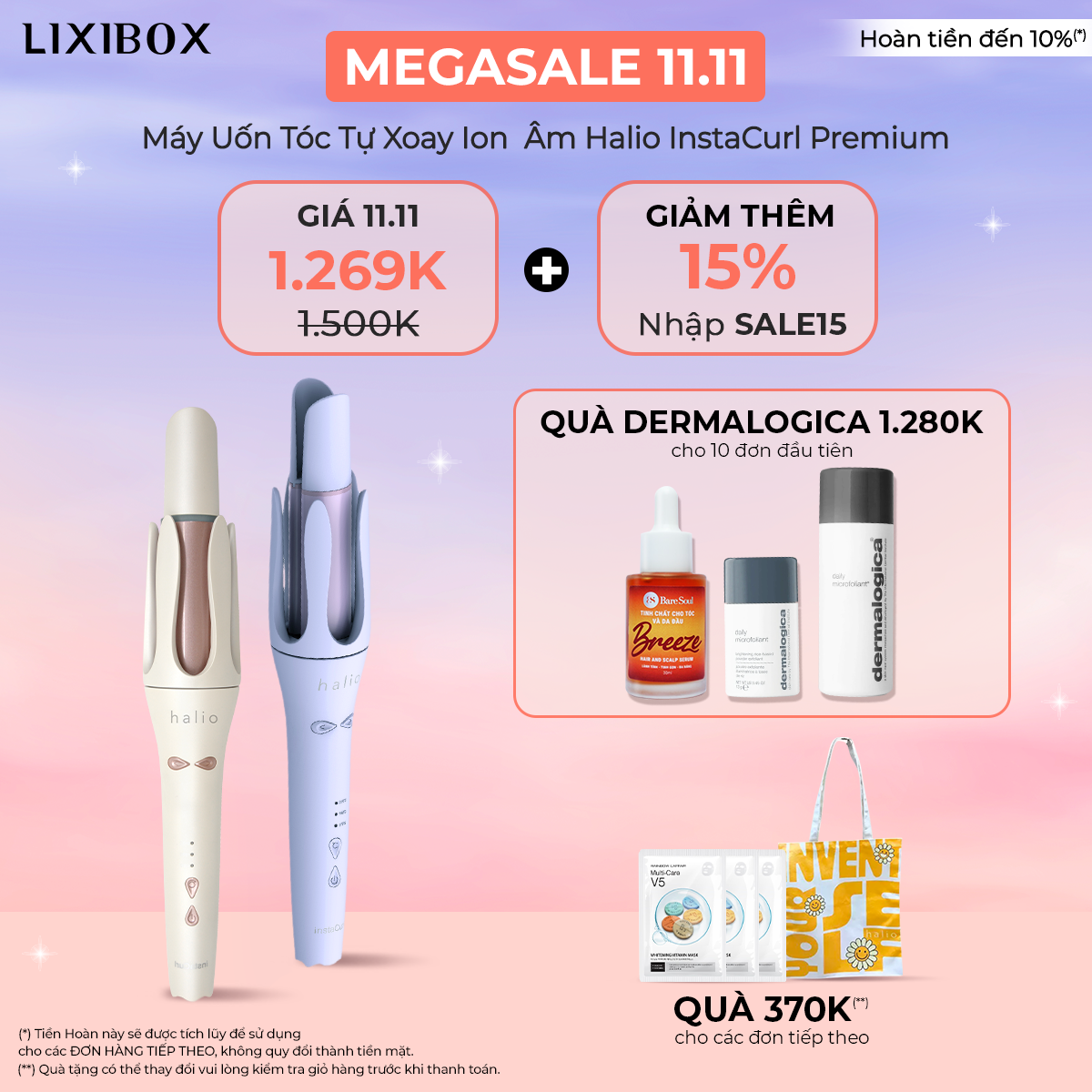 MEGASALE 11.11 tại Lixibox với máy uốn tóc Halio InstaCurl Premium giảm giá còn 1.269K từ 1.500K, thêm giảm 15% với mã SALE15, quà tặng Dermalogica cho 10 đơn đầu tiên, bao gồm 370K cho các đơn tiếp theo. Săn sale 11.11 không thể bỏ lỡ!