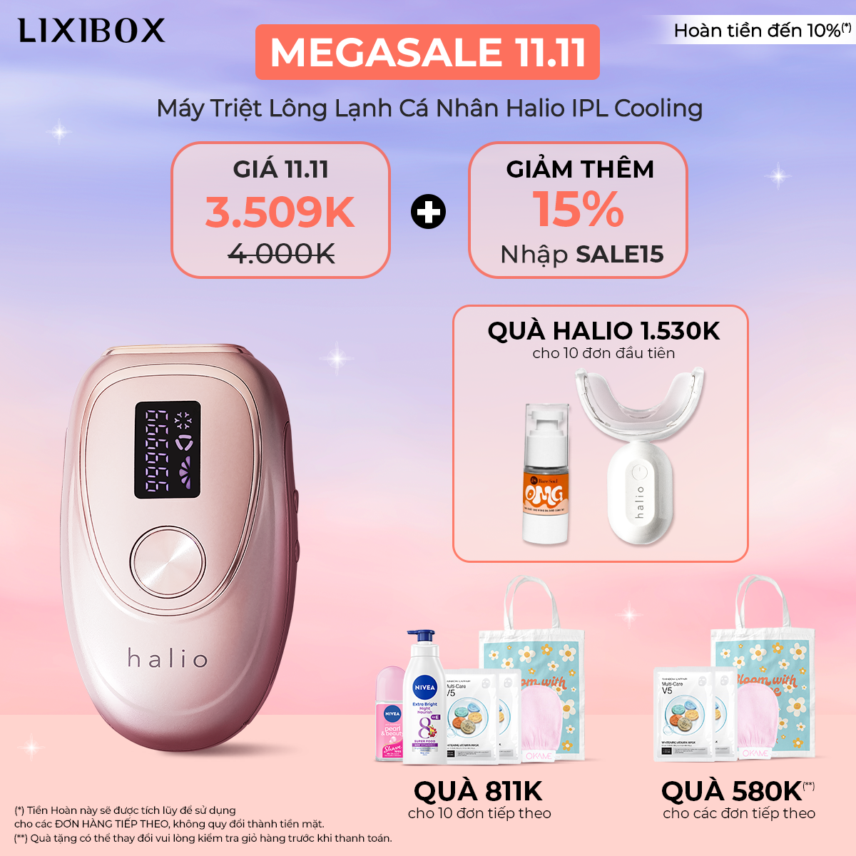 Khám phá MEGASALE 11.11 tại Lixibox với mức giảm giá 70%, đồng giá 9K và hoàn tiền 10%. Cơ hội sở hữu sản phẩm Halio IPL Cooling với giá chỉ 3.509K. Tham gia săn sale 11.11 ngay hôm nay!