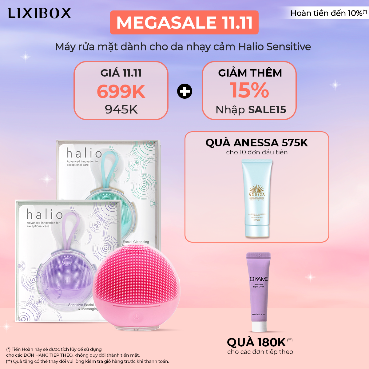 Choáng ngợp với MEGASALE 11.11 tại Lixibox với giá đặc biệt cho máy rửa mặt Halio Sensitive. Giảm giá 70%, giá 11.11 chỉ 699K, mã giảm thêm 15%, quà tặng Anessa và OKAME cho đơn hàng đầu tiên. Tham gia săn sale 11.11 ngay!