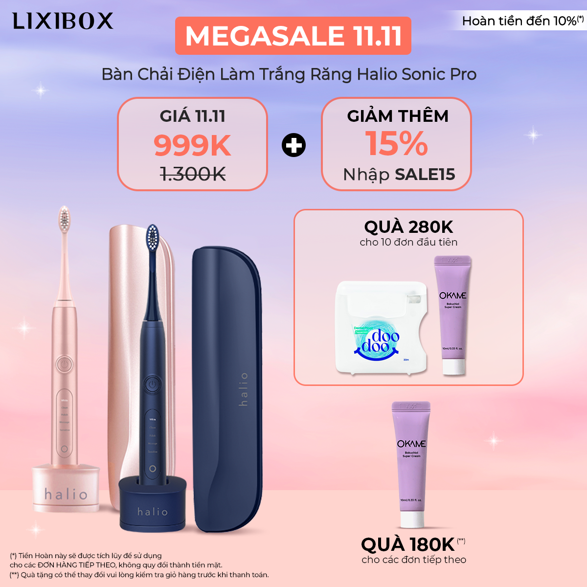 Chương trình khuyến mãi MEGASALE 11.11 từ Lixibox với Bàn Chải Điện Làm Trắng Răng Halio Sonic Pro giảm giá 70%, giá chỉ 999K, kèm mã giảm thêm 15% và quà tặng hấp dẫn. Tham gia săn sale 11.11 ngay hôm nay!