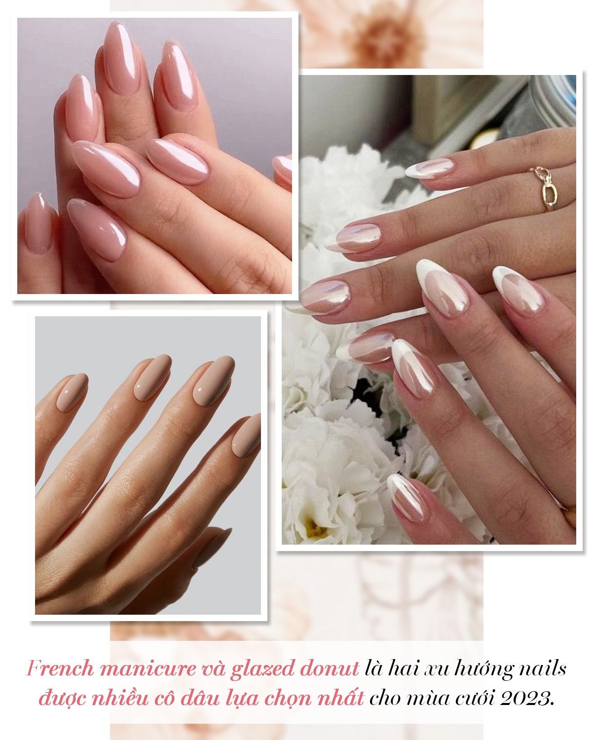 French manicure và glazed donut là hai xu hướng nails được nhiều cô dâu lựa chọn nhất cho mùa cưới 2023. Khám phá thêm xu hướng làm đẹp mùa cưới 2023 từ Lixibox như trang điểm cô dâu, kiểu tóc cô dâu và chăm sóc da.