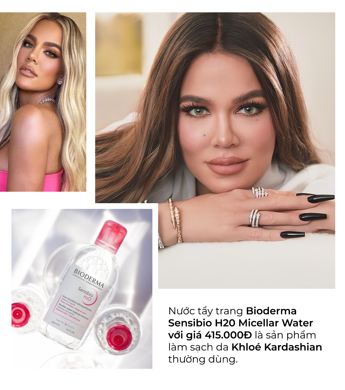 Bài viết về sự thật bất ngờ rằng các sao Hollywood như Khloé Kardashian thường sử dụng mỹ phẩm giá rẻ, đặc biệt là nước tẩy trang Bioderma Sensibio H2O Micellar Water với giá 415.000Đ.