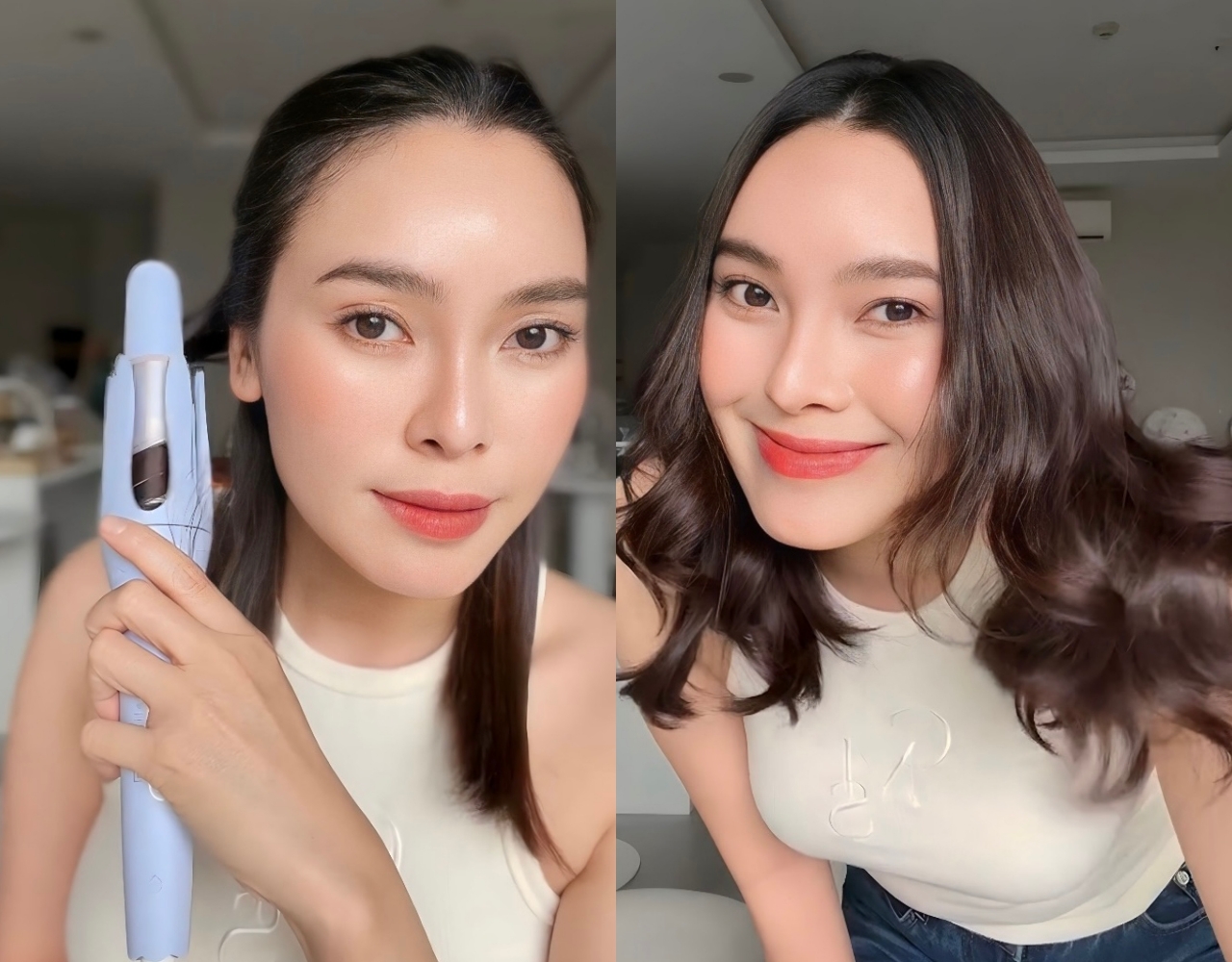 Gái xinh cầm máy uốn tóc Halio InstaCurl Premium, tạo kiểu tóc sóng nhẹ, thể hiện sự hài lòng với sản phẩm đang gây bão trên mạng xã hội. Khám phá lý do máy uốn tóc Halio có tốt không qua Lixibox Review.