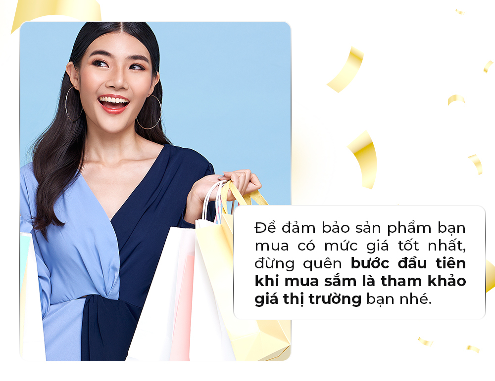 Người phụ nữ vui vẻ cầm túi mua sắm, nhắc nhở về việc tham khảo giá thị trường để đảm bảo mua sắm hiệu quả trong dịp Black Friday 2023, với những mẹo mua sắm tiết kiệm được chia sẻ trong Lixibox Shopping Guide.