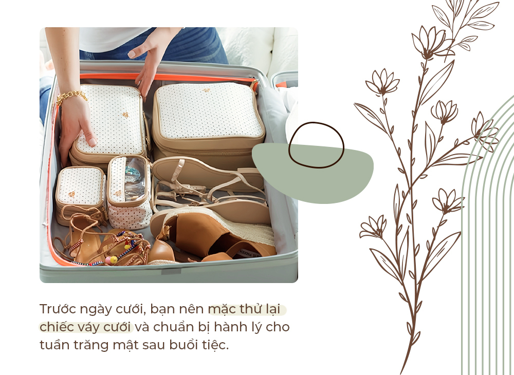 Trước ngày cưới, bạn nên mặc thử lại chiếc váy cưới và chuẩn bị hành lý cho tuần trăng mật sau buổi tiệc. Tìm hiểu thêm về những điều cô dâu cần chuẩn bị trước ngày cưới tại Lixibox Inspiration.