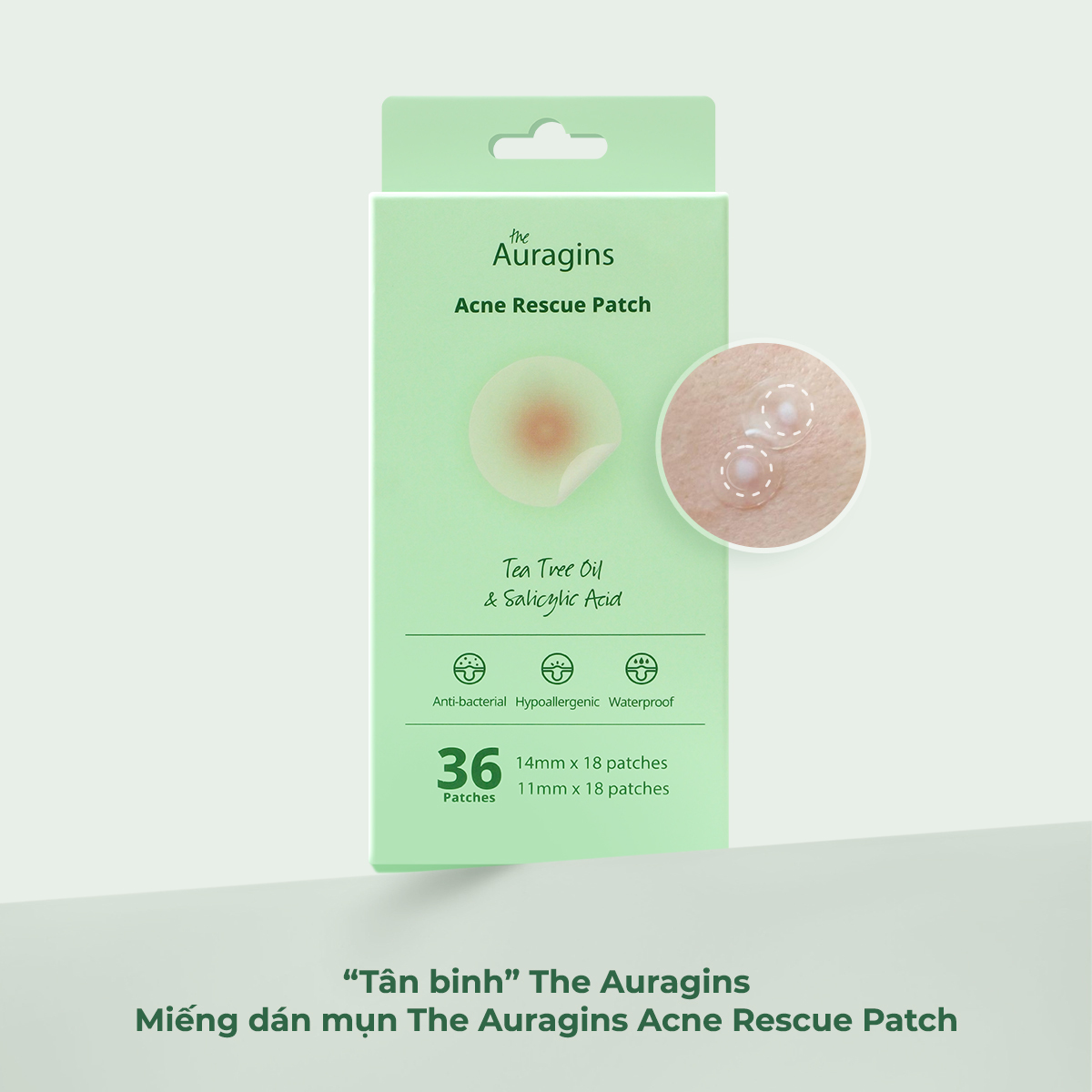 Miếng dán mụn The Auragins Acne Rescue Patch ra mắt từ thương hiệu Lixibox, chứa Tea Tree Oil và Salicylic Acid, hiệu quả trong việc chữa lành mụn viêm và ngừa sẹo thâm, thích hợp cho da dầu mụn.