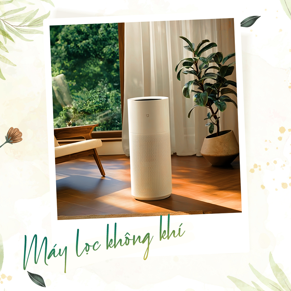 Máy lọc không khí hiện đại trong một không gian sống thoáng đãng, ánh sáng tự nhiên chiếu vào, phần nền gỗ ấm áp, tạo bầu không khí trong lành, gợi ý cho ý tưởng quà cưới hoàn hảo từ Lixibox.