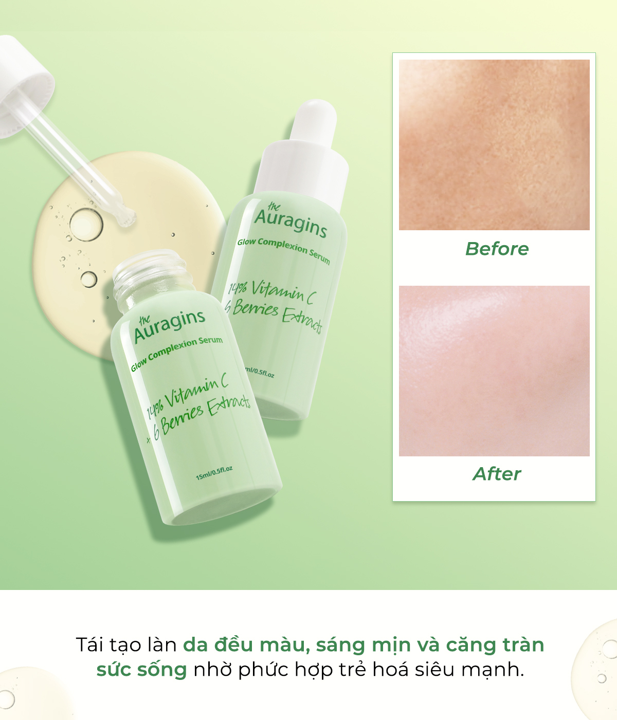 Serum The Auragins Glow Complexion với 14% Vitamin C và 6 chiết xuất trái cây, mang lại làn da đều màu, sáng mịn với kết cấu tạo hiệu ứng da glass-skin. Khám phá giá sốc tại Lixibox.