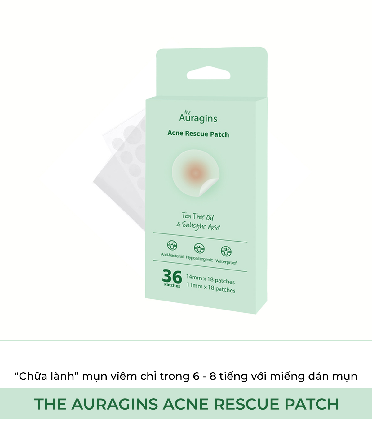 Miếng dán mụn The Auragins Acne Rescue Patch với tinh chất tràm trà và axit salicylic, giúp “chữa lành” nốt mụn hiệu quả chỉ trong 6 - 8 tiếng. Sản phẩm từ Lixibox Skincare, đảm bảo chất lượng và uy tín.