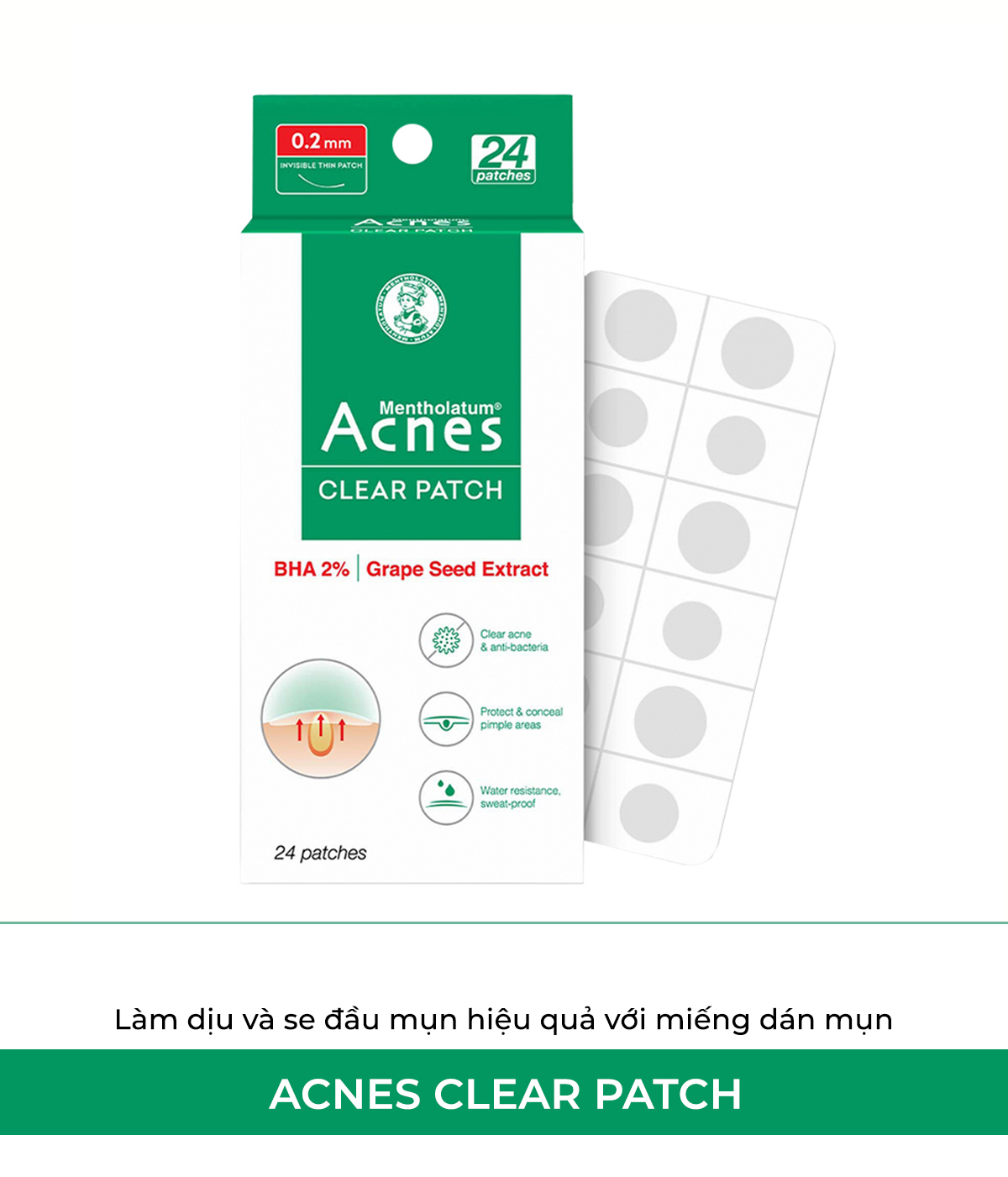Miếng dán mụn Acnes Clear Patch, chứa BHA 2% và chiết xuất hạt nho, giúp làm dịu và se đầu mụn hiệu quả. Sản phẩm thuộc dòng Lixibox Skincare, là lựa chọn hàng đầu cho những ai tìm kiếm miếng dán mụn tốt nhất hiện nay.