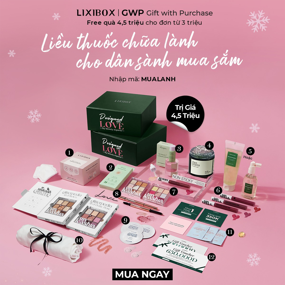 Chương trình GWP Mua Lành tặng quà trị giá 4,5 triệu đồng từ Lixibox, bao gồm các sản phẩm chăm sóc sắc đẹp đa dạng, hứa hẹn là lựa chọn lý tưởng cho những ai yêu thích mua sắm và chăm sóc bản thân.