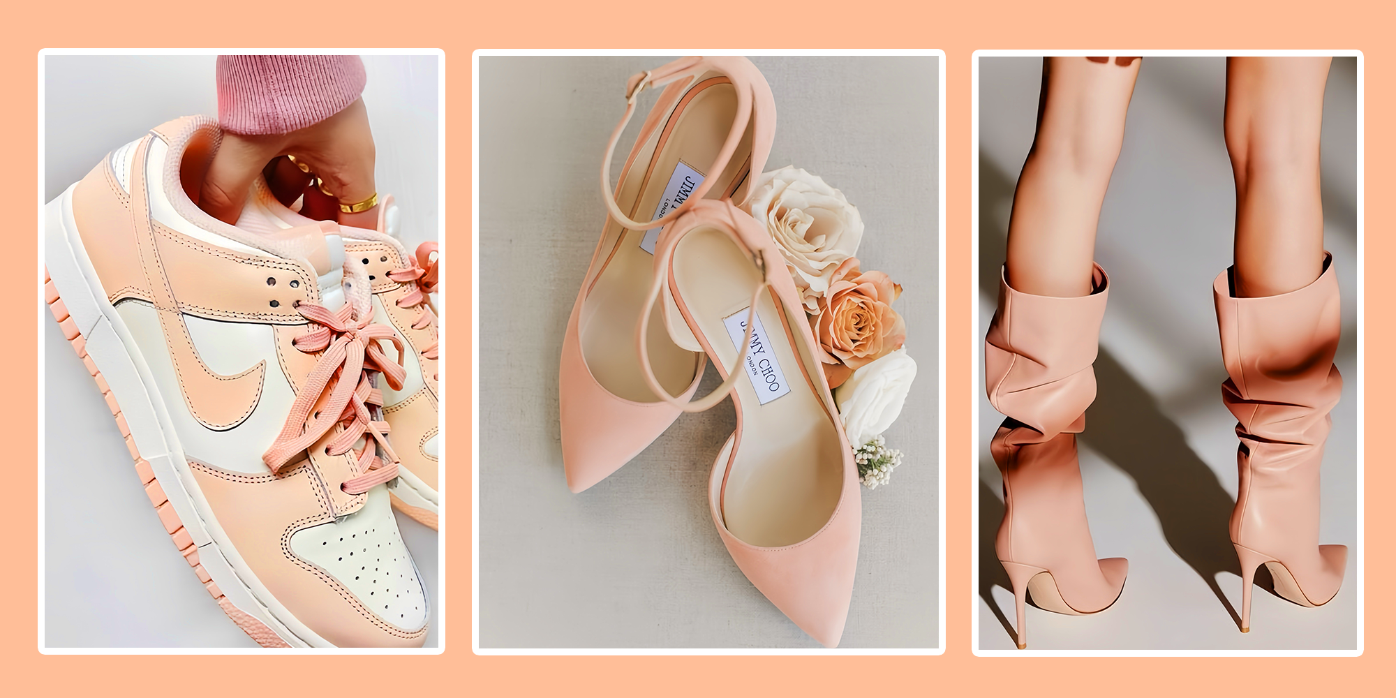 Peach Fuzz, màu sắc chủ đạo năm 2024, nổi bật trong thời trang với giày sneaker, giày cao gót và sandals. Khơi dậy năng lượng chữa lành và kết nối con người. Theo dõi xu hướng thời trang 2024 qua Lixibox Inspiration.