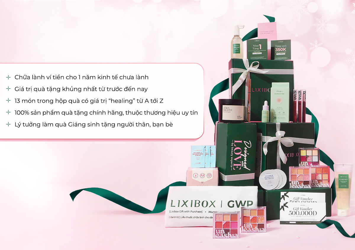 Chương trình GWP Mua Lành của Lixibox 2023 với hộp quà chứa 13 sản phẩm làm đẹp từ 7 thương hiệu uy tín. Giá trị quà tặng lên tới 4,5 triệu đồng, chương trình hoàn hảo cho dịp lễ.