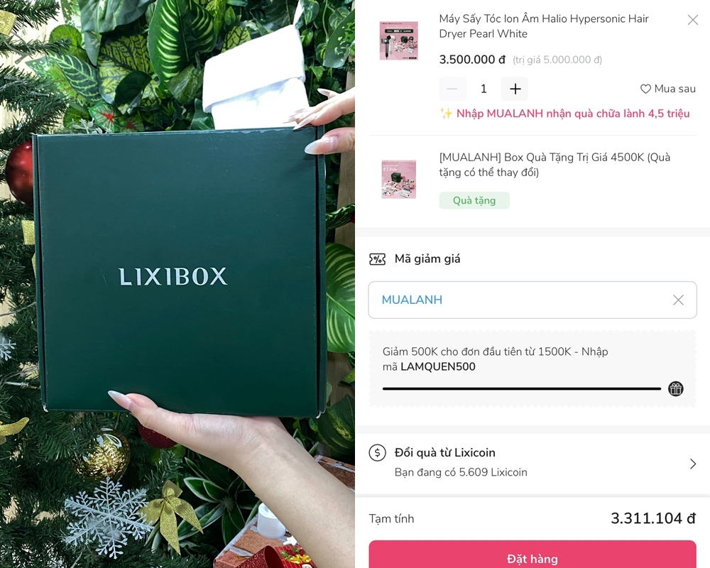 Hộp quà Lixibox với giá trị 4,5 triệu đồng, được tặng khi mua hàng trị giá từ 3 triệu đồng. Chương trình khuyến mãi GWP Mua Lành, phù hợp cho việc chữa lành bản thân hậu tan vỡ.