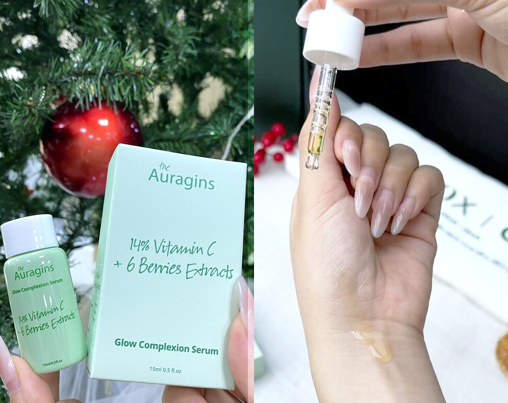 Sản phẩm serum Glow Complexion chứa 14% Vitamin C & 6 chiết xuất quả mọng, đang được kiểm nghiệm trên tay. Hình ảnh cây thông Noel cùng với sản phẩm tạo cảm giác ấm cúng, phù hợp với không khí dịp lễ hội. Nhận xét về GWP Mua Lành từ Lixibox rất khả quan. Review hộp quà chữa lành bản thân hậu tan vỡ.