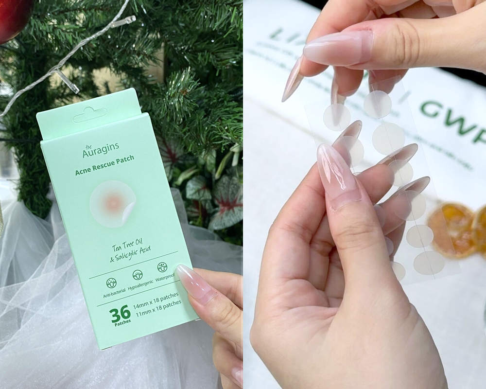 Hộp sản phẩm miếng dán trị mụn Auragins với bối cảnh Giáng Sinh, đi kèm thông tin về lương và thành phần giúp chữa lành, ghi chú hiệu quả và ý nghĩa của chương trình GWP Mua Lành, phản ánh trải nghiệm mua sắm của người tiêu dùng hậu tan vỡ. Khám phá các review hộp quà chữa lành chất lượng từ Lixibox.