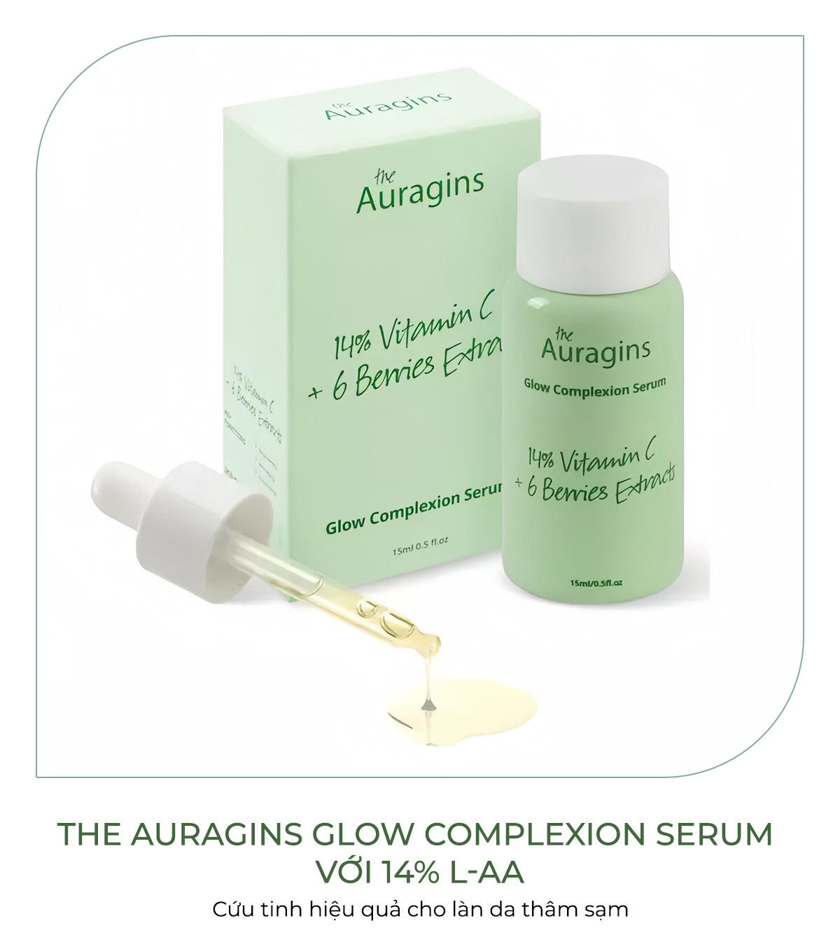 Serum The Auragins Glow Complexion với 14% Vitamin C và 6 chiết xuất berries, giúp mờ thâm nám và dưỡng sáng da. Sản phẩm yêu thích trong danh sách 7 loại serum Vitamin C đỉnh cao cho làn da ám ảnh thâm sạm.