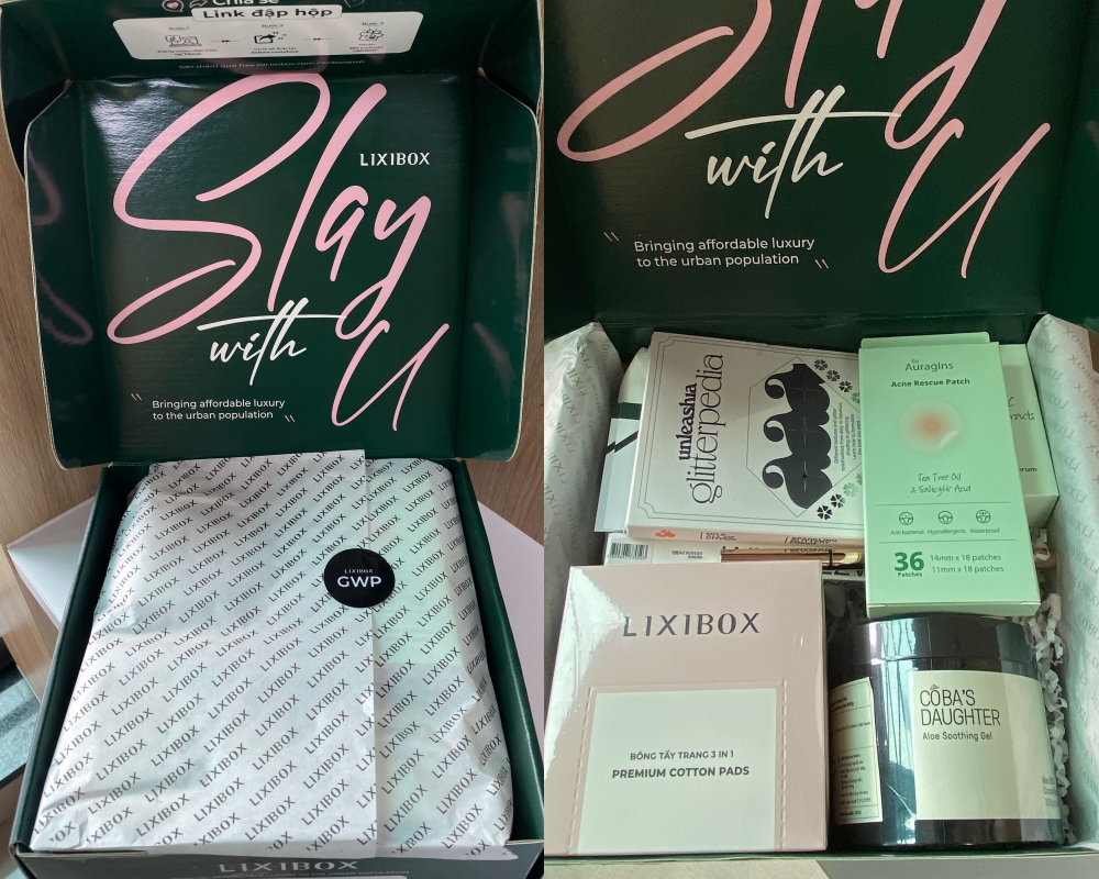 Hộp quà Chữa Lành GWP từ Lixibox với các sản phẩm chăm sóc sắc đẹp, bao gồm miếng dán giảm mụn và bông tẩy trang, cùng mẹo mua sắm thông minh giúp tiết kiệm chi phí, lý tưởng cho làm đẹp tại nhà.