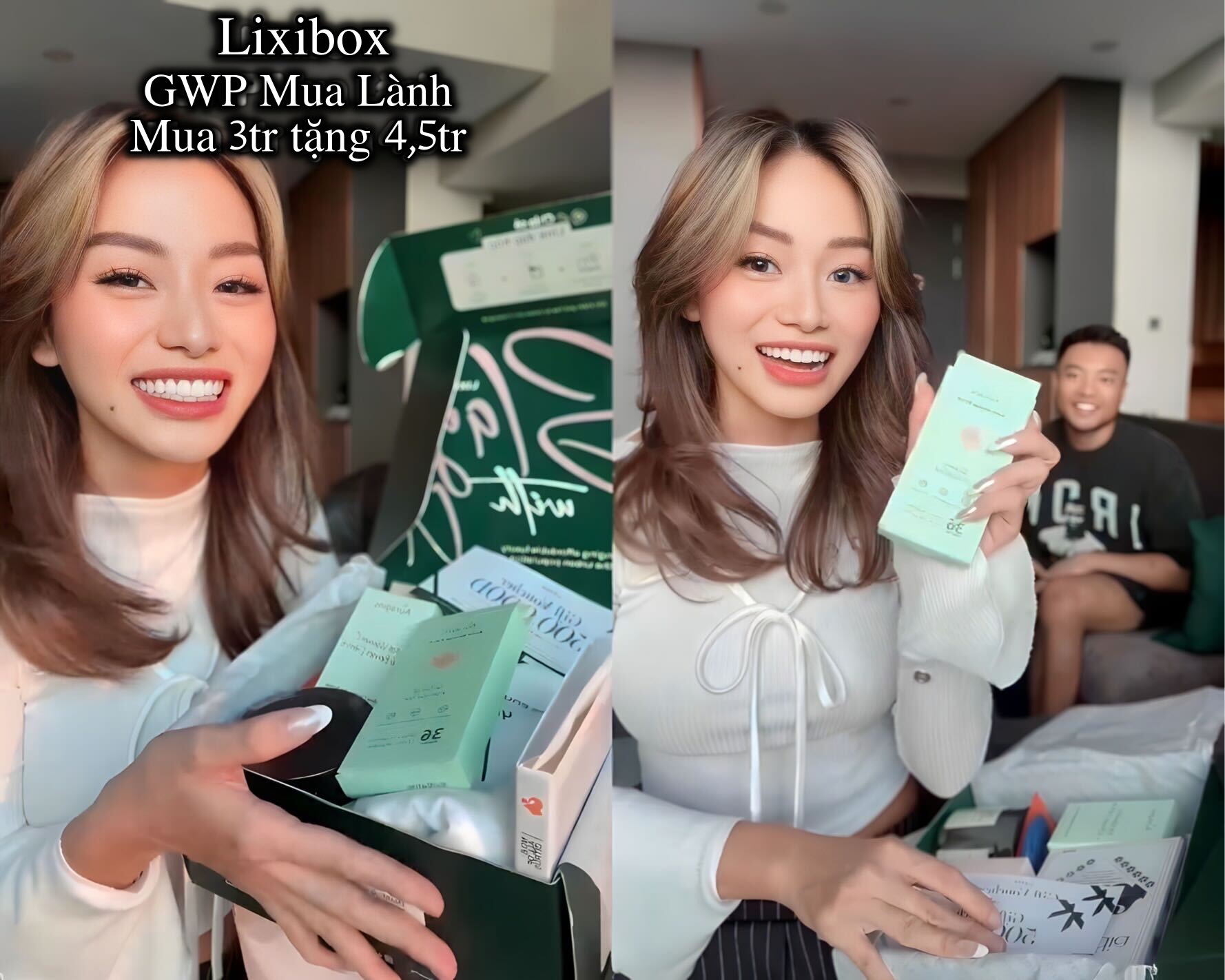 Lixibox GWP Mua Lành với chương trình khuyến mãi hấp dẫn: mua 3 triệu nhận quà 4,5 triệu. TikToker nổi tiếng như Long Chun và Tun Phạm cùng nhau unbox hộp quà Chữa Lành đầy bất ngờ.