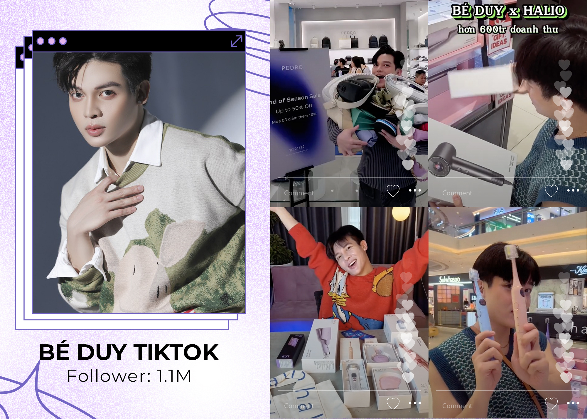 Bé Duy TikTok, với 1.1 triệu người theo dõi, nổi bật trong livestream TikTok. Hình ảnh thể hiện sự thu hút với các sản phẩm làm đẹp cùng nhiều màn hợp tác thương hiệu, góp phần tạo nên thành công cho các "chiến thần livestream" như Võ Hà Linh, Phạm Thoại, và HannahOlala.