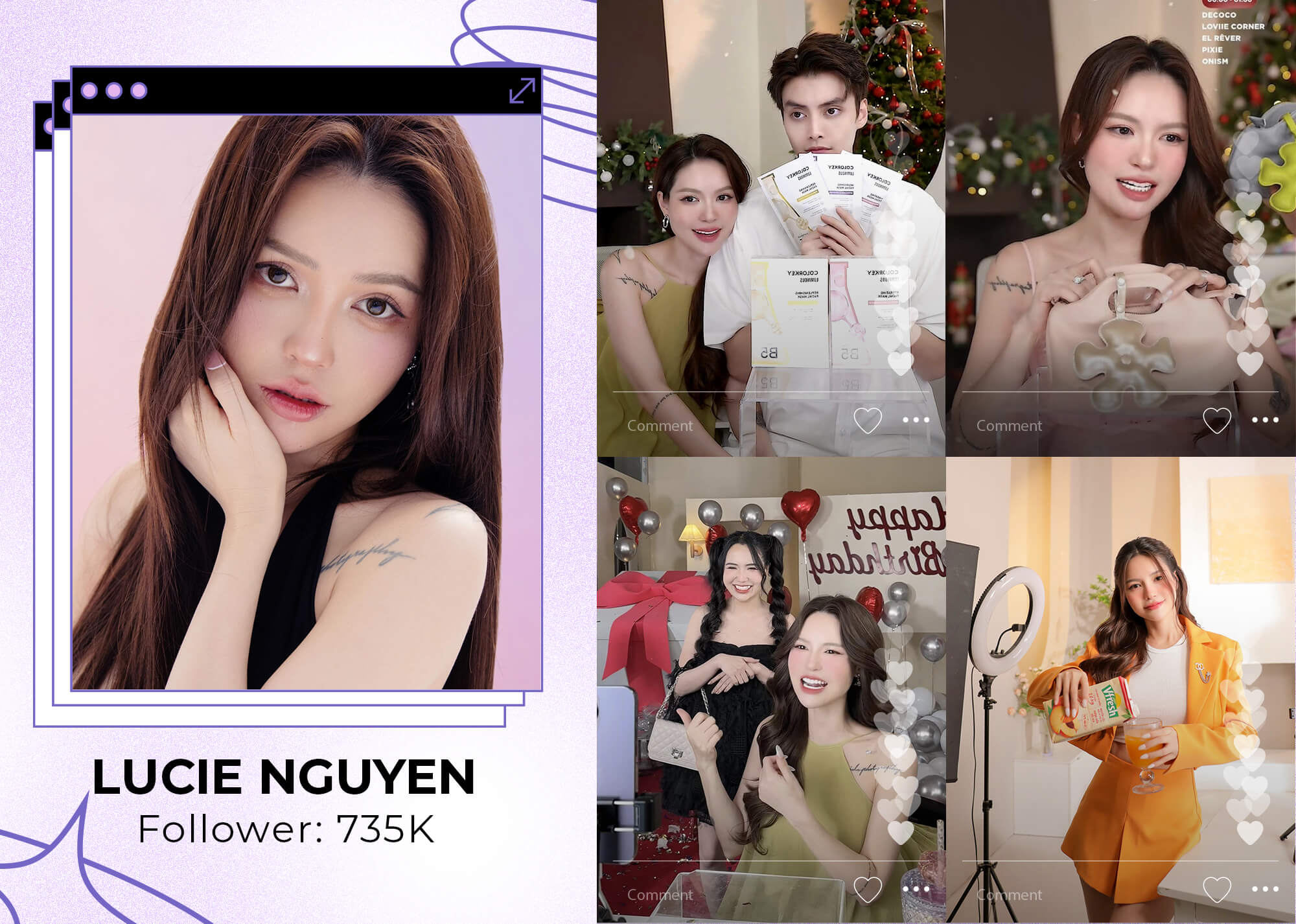 Lucie Nguyễn là một trong những chiến thần livestream nổi bật trên TikTok với 735K người theo dõi. Cô hợp tác cùng các nhãn hàng mang đến deal hấp dẫn, góp phần vào thành công của các chiến thần livestream như Võ Hà Linh, Phạm Thoại, Bé Duy TikTok, và Diệp Lê.