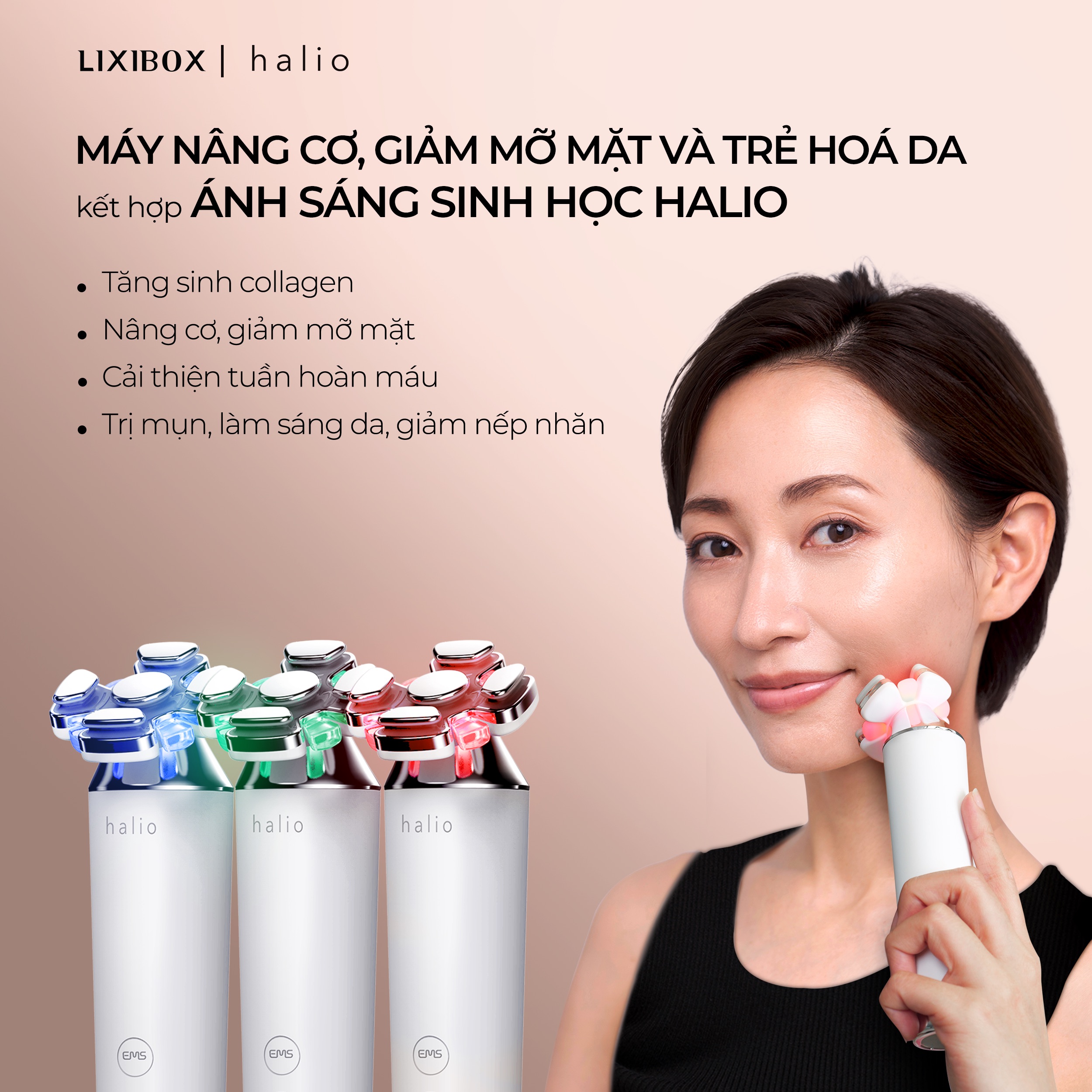 Máy nâng cơ Halio với công nghệ ánh sáng đỏ, giúp tăng sinh collagen, giảm mỡ mặt và trẻ hóa da. Thiết bị kết hợp liệu pháp ánh sáng sinh học hiệu quả, mang đến làn da khỏe mạnh, giảm mụn và làm sáng da.