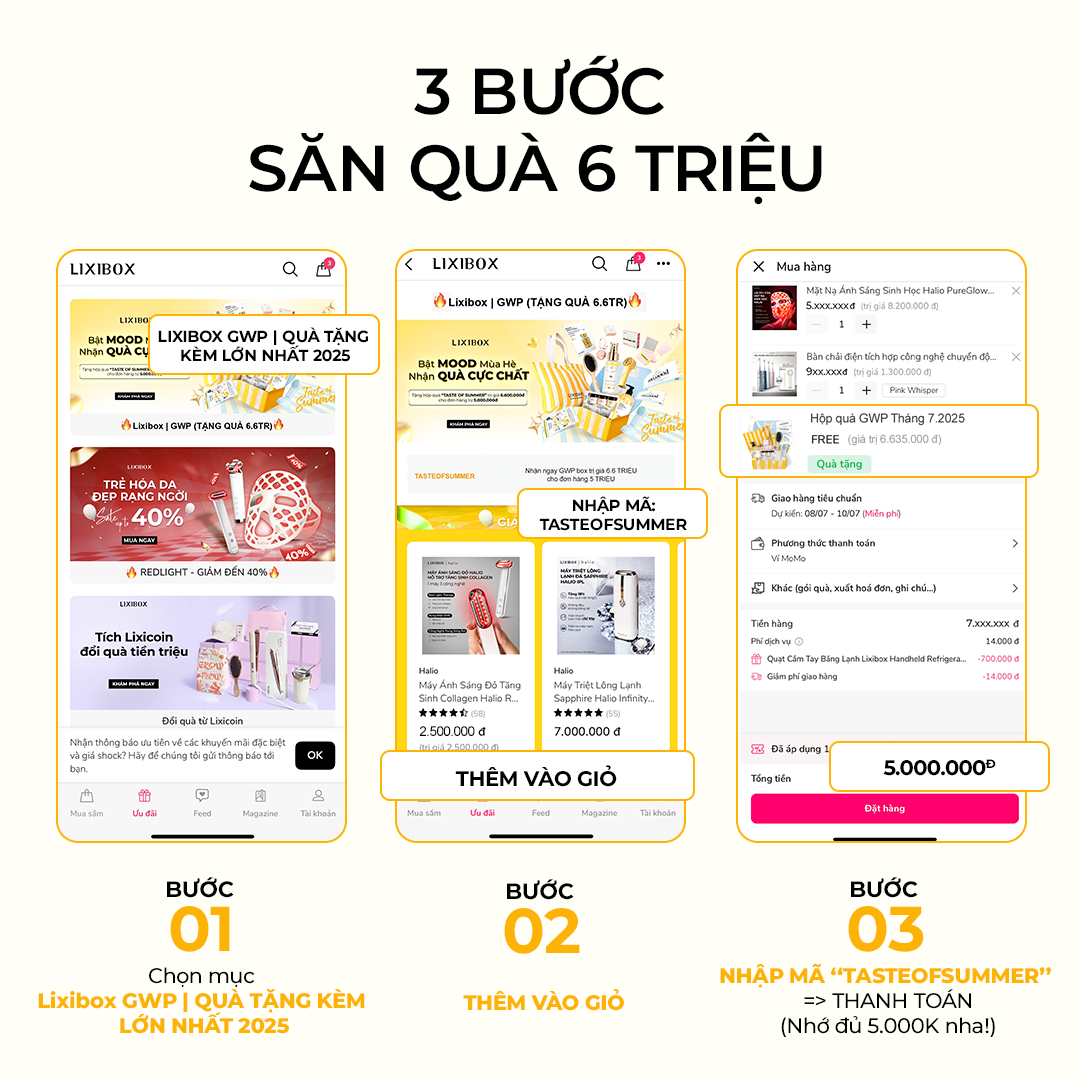 1000 hộp quà TASTE OF SUMMER miễn phí cho khách hàng mua sắm từ 5 triệu đồng trên Lixibox, với 12 món chăm sóc sắc đẹp du lịch, diễn ra từ 15/07 – 15/08/2025. Nhập mã TASTEOSUMMER để tham gia.