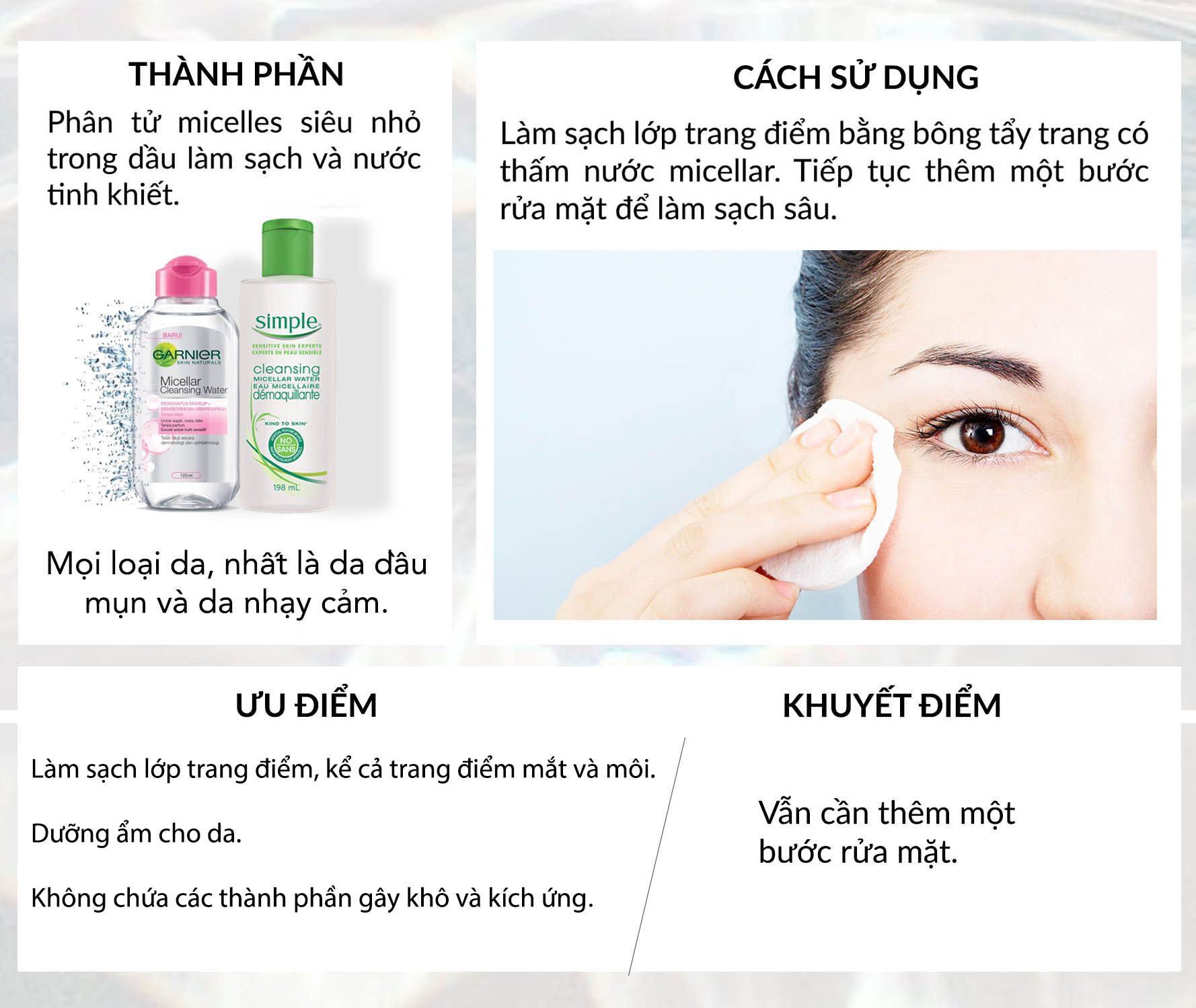 5 loại tẩy trang thông dụng được giới thiệu trong bài viết: sử dụng nước tẩy trang micellar, dầu tẩy trang, và sáp tẩy trang tốt giúp tẩy trang hiệu quả, phù hợp với nhu cầu từng loại da. Cách sử dụng và ưu điểm, nhược điểm của sản phẩm tẩy trang cũng được đề cập, giúp bạn lựa chọn tẩy trang đúng cách.