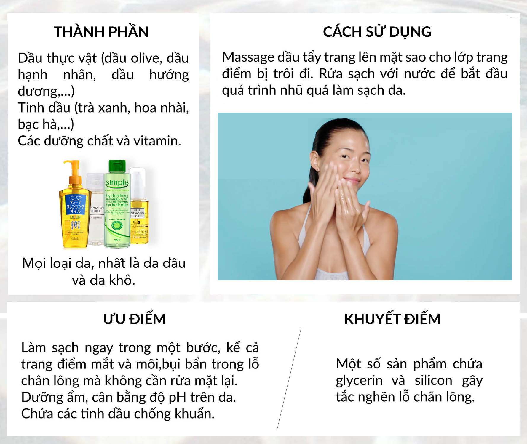 Bài viết về 5 loại tẩy trang thông dụng, cung cấp thông tin về thành phần, cách sử dụng và lợi ích của sản phẩm tẩy trang, với nhấn mạnh vào sự lựa chọn sản phẩm phù hợp như dầu tẩy trang, khăn giấy tẩy trang và nước tẩy trang nào tốt cho nhu cầu chăm sóc da.