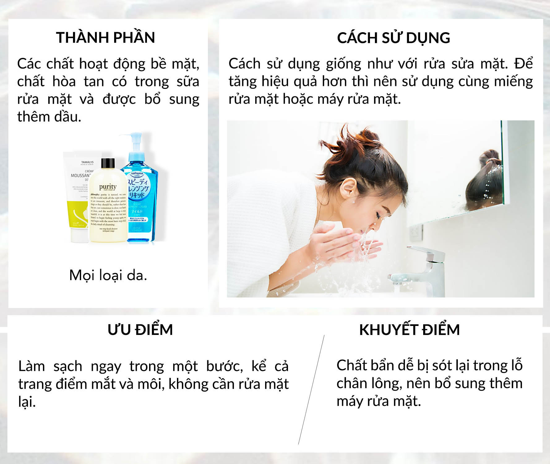 Bài viết về 5 loại tẩy trang thông dụng, hướng dẫn cách lựa chọn sản phẩm tẩy trang tốt nhất cho từng loại da. Giới thiệu các sản phẩm như micellar water, cleansing oil, và dầu tẩy trang tốt, cùng ưu nhược điểm và cách sử dụng hiệu quả.