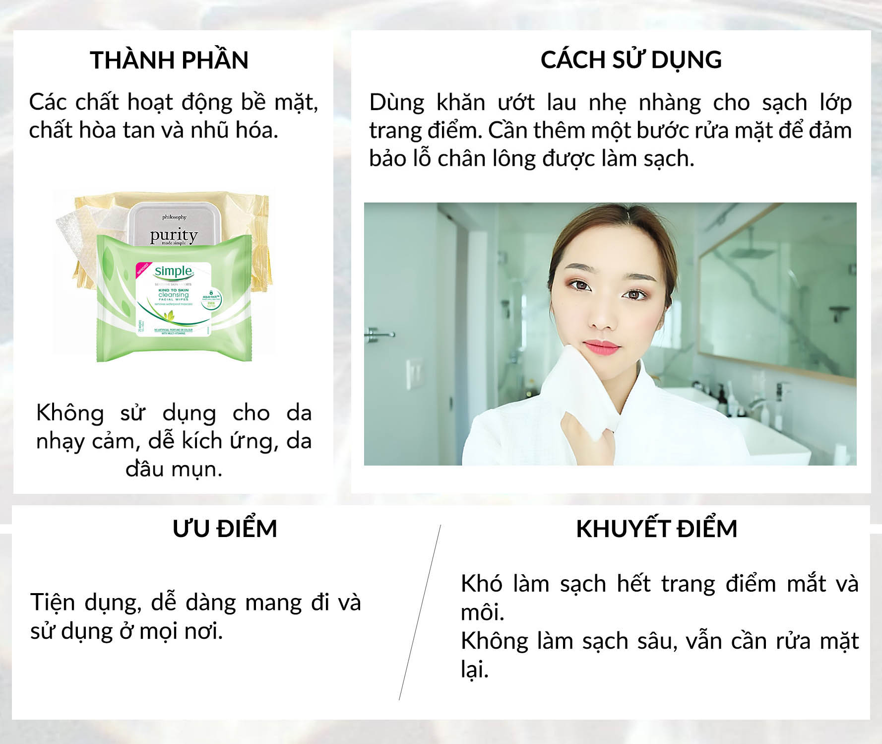 Bài viết giới thiệu về 5 loại sản phẩm tẩy trang thông dụng, cung cấp thông tin hữu ích về cách tẩy trang đúng cách và lựa chọn sản phẩm tẩy trang hiệu quả, phù hợp cho từng loại da, bao gồm nước tẩy trang, dầu tẩy trang, và khăn giấy tẩy trang.