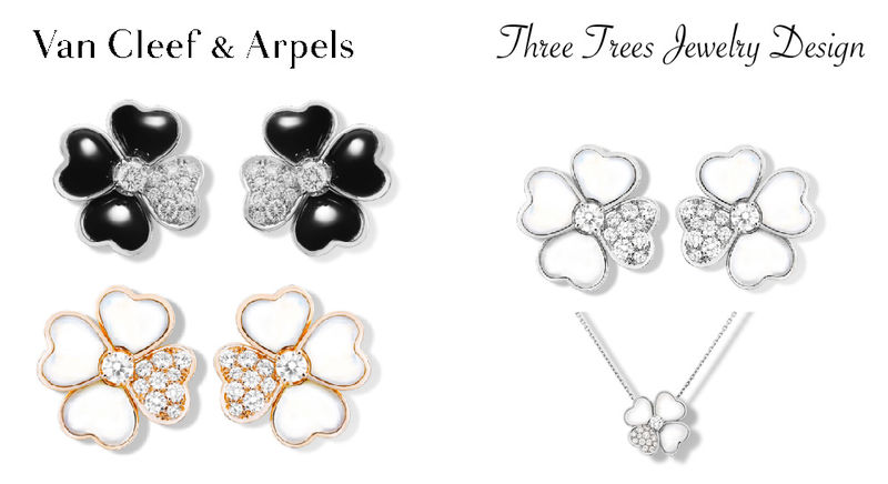 Thiết kế bông hoa từ Van Cleef & Arpels với kim cương và trang sức CZ cao cấp, so sánh giữa đồ trang sức gốc và mẫu tương tự của Three Trees Jewelry. Khám phá sự khác biệt giữa trang sức cao cấp và mẫu dupe.