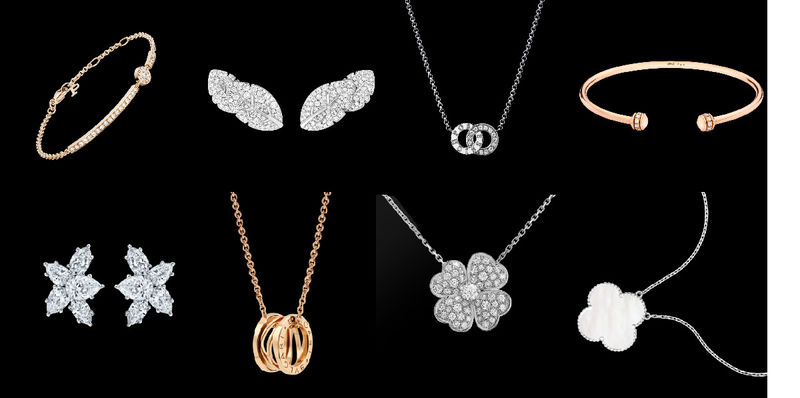 Bộ sưu tập trang sức cao cấp bao gồm vòng tay, bông tai kim cương, dây chuyền Gucci và các món trang sức cubic zirconia tinh tế mang phong cách Van Cleef & Arpels, Piaget, Cartier.