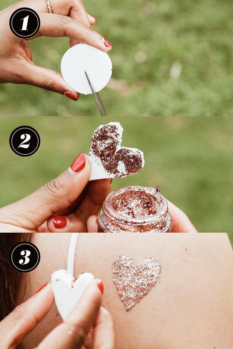 Hướng dẫn sử dụng Glitter Make-up trong mùa lễ hội. Các bước tạo dáng hình trái tim với glitter trên da, phù hợp cho trang điểm dự tiệc và lễ hội âm nhạc. Nổi bật và thu hút với phong cách trang điểm cá tính!