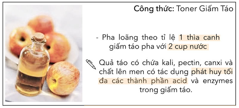 Công thức Toner Giấm Táo hướng dẫn pha loãng 1 thìa canh giấm táo với 2 cup nước. Quả táo chứa kali, pectin, canxi và chất lên men kích thích phát huy các thành phần acid và enzymes trong giấm táo, hỗ trợ Chăm sóc da bởi Glycolic Acid, Hyaluronic Acid, và Salicylic Acid.
