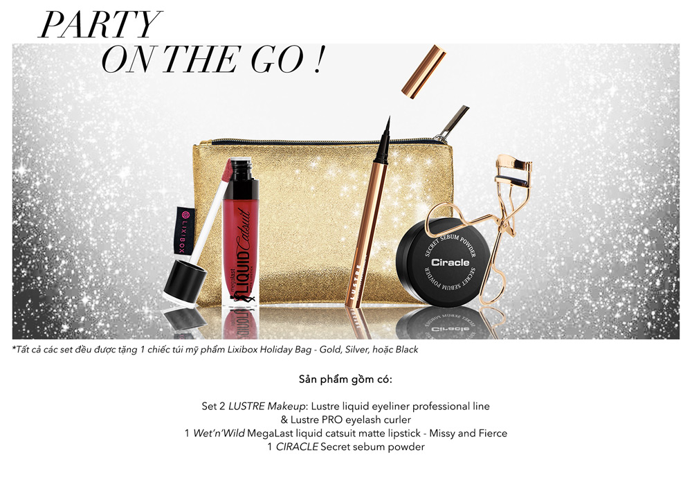 Bộ sản phẩm trang điểm Lixibox với son lì Wet'n'Wild MegaLast, eyeliner Lustre và kẹp mi chuyên nghiệp. Tặng kèm túi Lixibox Holiday Bag. Món quà hoàn hảo cho mùa lễ hội cuối năm.