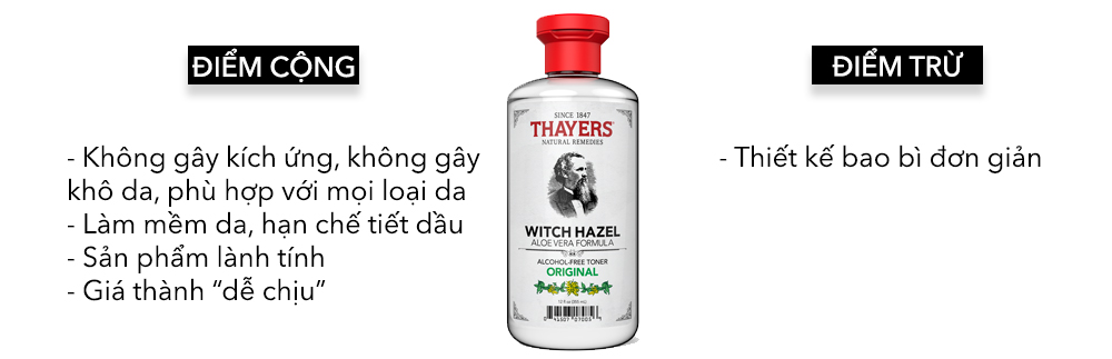 Điểm cộng và điểm trừ của toner Thayers Witch Hazel: không gây kích ứng, làm mềm da, giá thành dễ chịu, nhưng thiết kế bao bì đơn giản. Khám phá toner và mặt nạ nổi bật trong danh sách Best Choice 2017 cho skincare làn da.