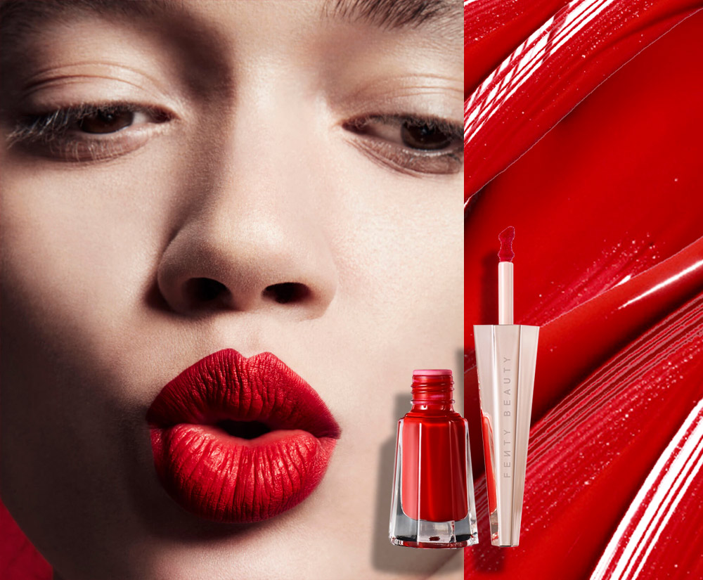 Bức chân dung thể hiện đôi môi quyến rũ với màu đỏ nổi bật của sản phẩm Fenty Beauty. Bài viết khám phá sức hút của thương hiệu Fenty Beauty và tác động của Rihanna đối với ngành mỹ phẩm, nhấn mạnh các xu hướng son, kem nền và cách trang điểm cho mẹ.