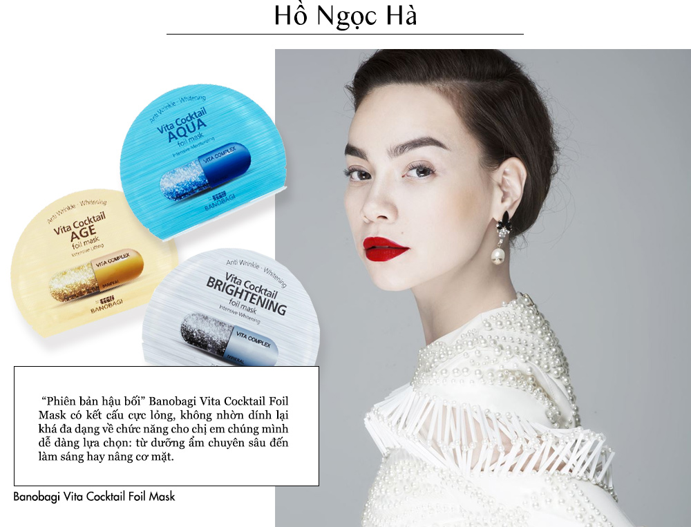 Hồ Ngọc Hà diện trang phục tinh tế cùng những sản phẩm chăm sóc da mặt Banobagi Vita Cocktail Foil Mask với các phiên bản như Aqua, Age, Brightening. Khám phá bí quyết làm đẹp từ các ngôi sao và lựa chọn cho mình loại mặt nạ giấy phù hợp.