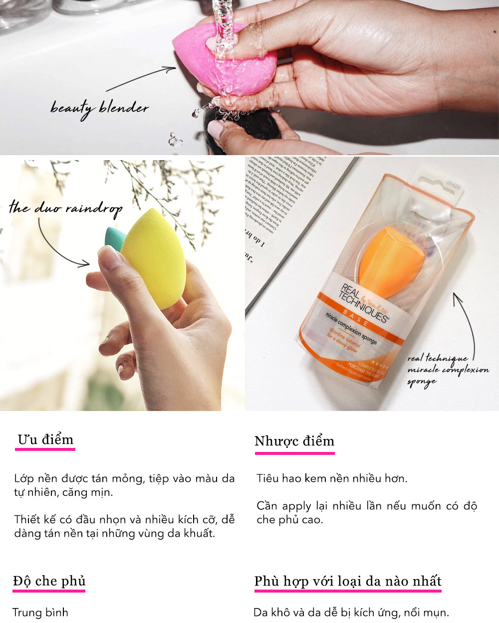 Bài viết giới thiệu các dụng cụ tán nền như beauty blender và Duo Raindrop, giúp đạt lớp nền hoàn hảo. Thảo luận ưu nhược điểm và lựa chọn thích hợp cho từng loại da, với từ khóa như trang điểm, kem nền, cọ trang điểm, Real Techniques, và Morphe.