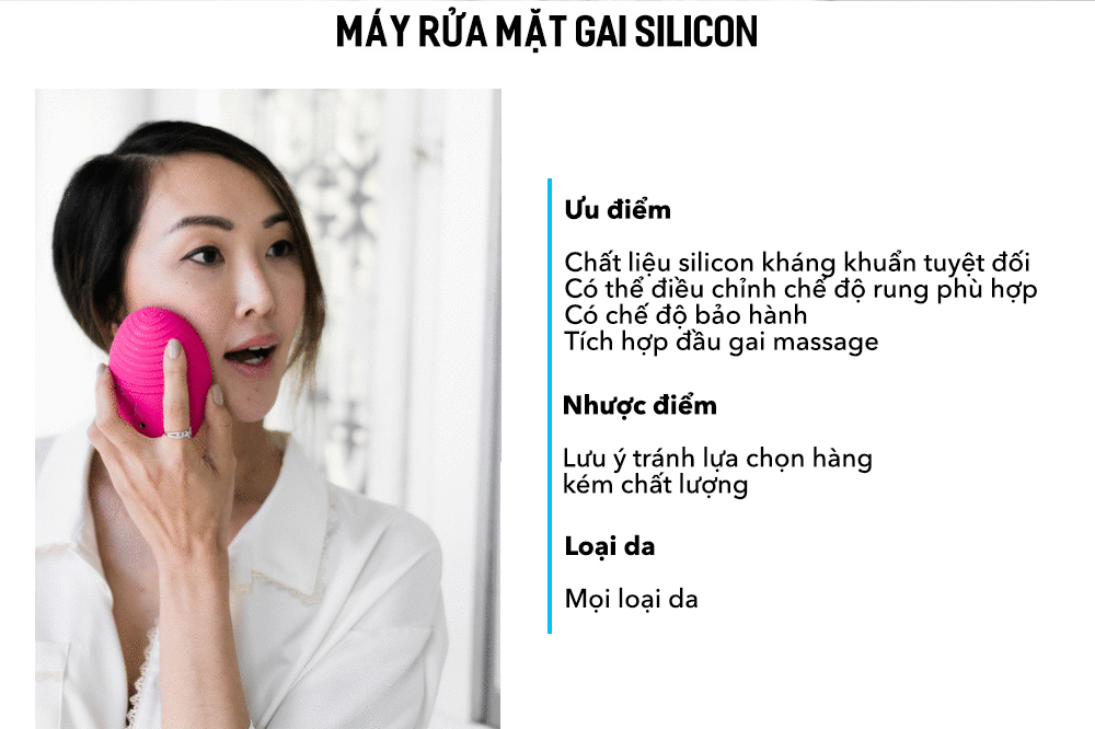 Máy rửa mặt gai silicon với ưu điểm là chất liệu silicon kháng khuẩn, có chế độ rung phù hợp và tích hợp đầu gai massage. Nhược điểm là cần tránh lựa chọn hàng kém chất lượng. Dụng cụ này phù hợp cho mọi loại da, hỗ trợ làm sạch da và chăm sóc mụn.