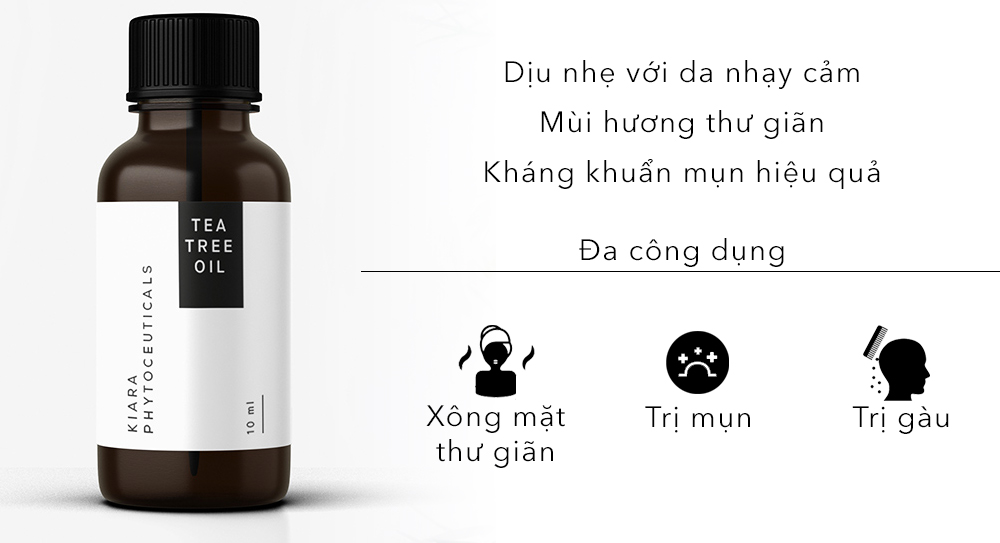 Sản phẩm dầu tràm trà Kiara với công dụng trị mụn, xông mặt thư giãn, kháng khuẩn hiệu quả, thích hợp cho làn da nhạy cảm, mùi hương thư giản, đa công dụng.