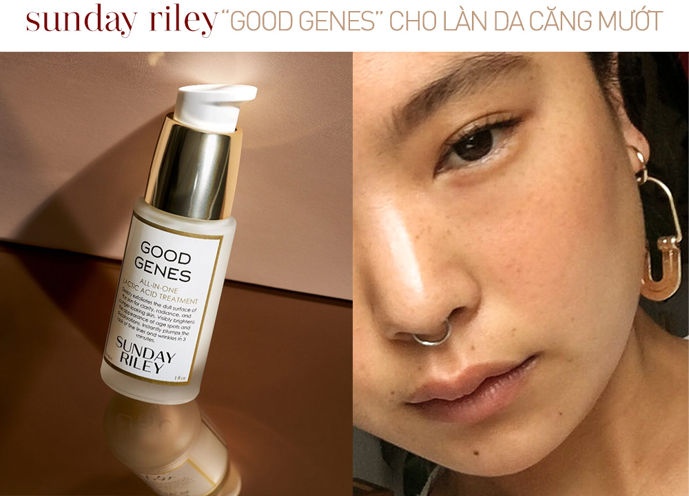 Chai serum dưỡng da Sunday Riley "Good Genes" với công dụng tẩy da chết hóa học từ axit lactic, giúp làm mềm và sáng da; một sản phẩm nổi bật từ thương hiệu Indie trong ngành skincare.