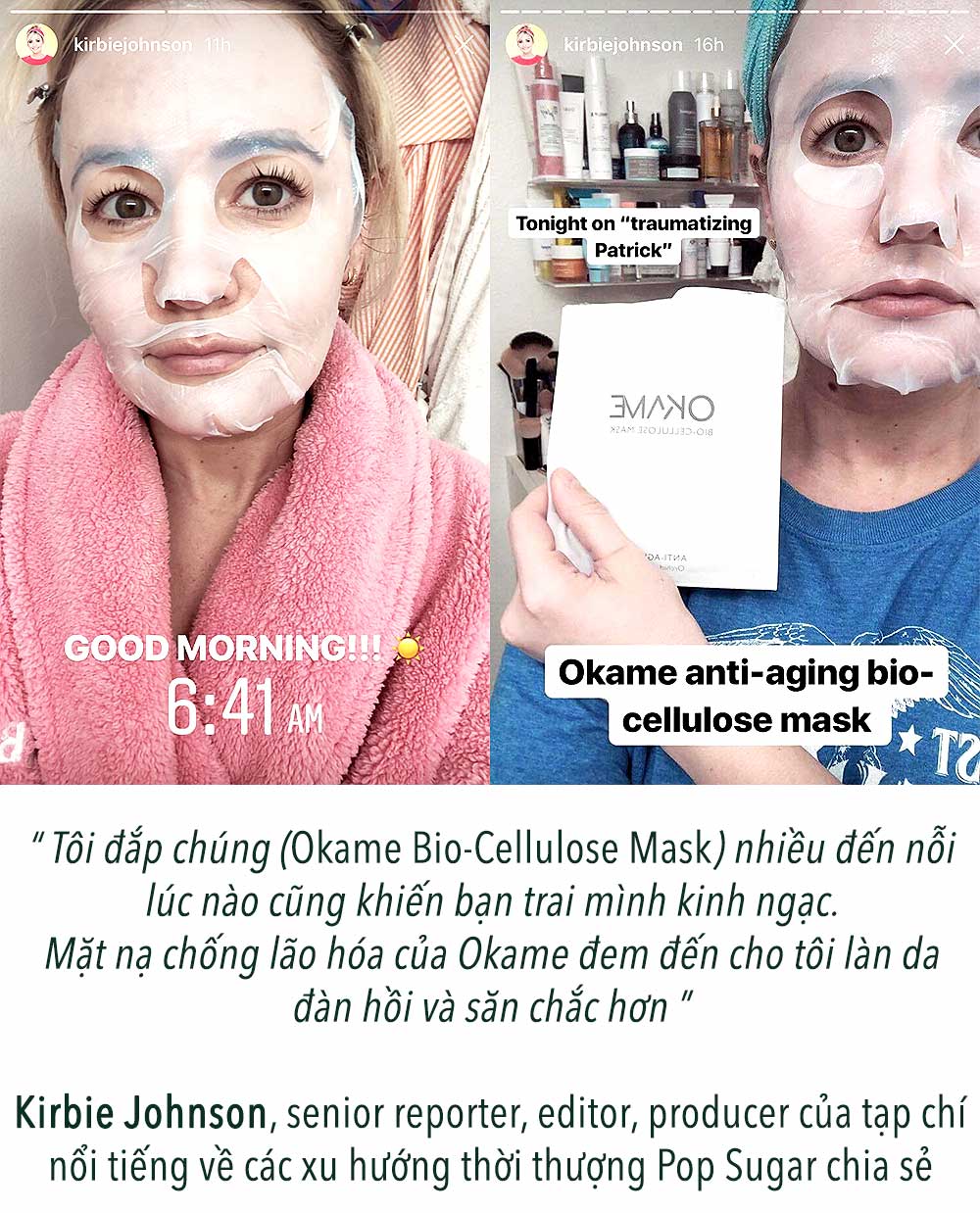 Kirbie Johnson chia sẻ trải nghiệm về mặt nạ chống lão hóa Okame Bio-Cellulose trên mạng xã hội, nhấn mạnh hiệu quả và sự yêu thích từ cộng đồng làm đẹp quốc tế.